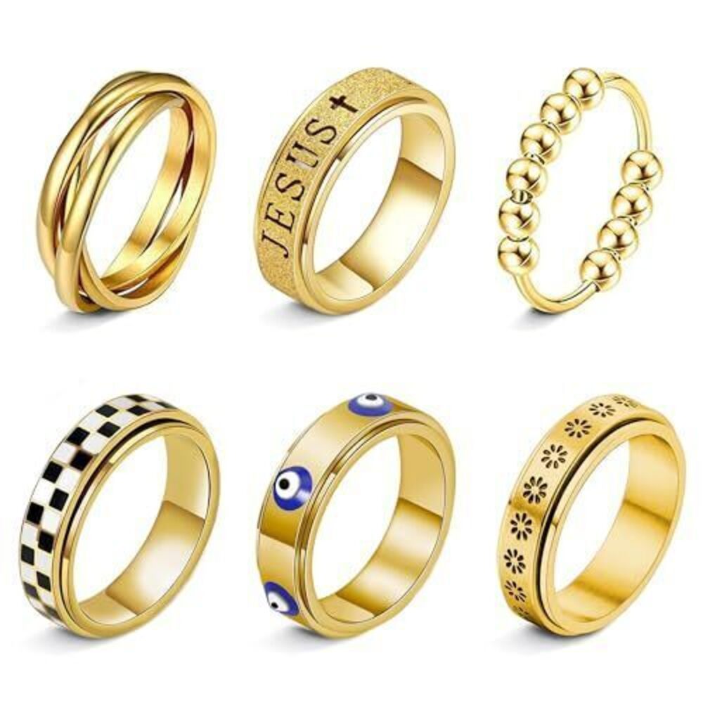 9431 18K Gold Plated Fidget Rings for Anxiety 6pcs Stainless Steel Spinner